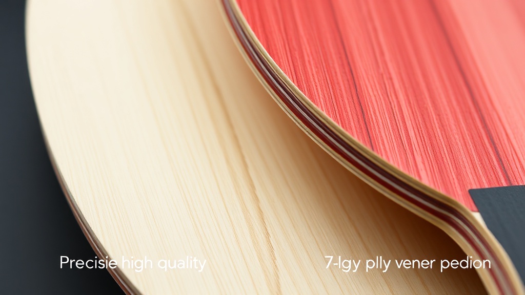 탁구 블레이드의 단면을 보여주는 이미지로 5겹과 7겹 합판의 층 구조 차이를 시각적으로 설명함.