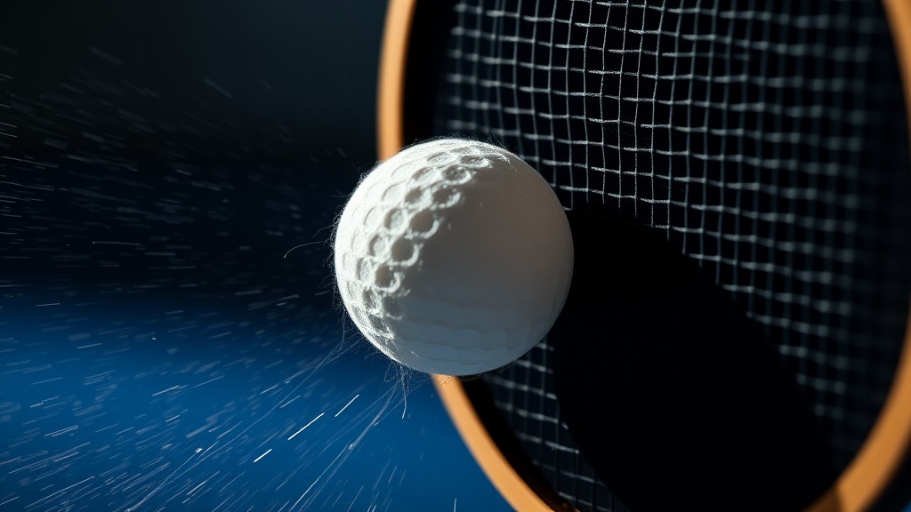 탁구공이 라켓 면에 임팩트되는 순간의 찰나를 포착하여 드웰타임의 중요성을 보여주는 장면