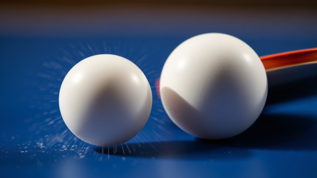 탁구 라켓 표면에 탁구공이 강하게 임팩트 되는 순간의 클로즈업 장면