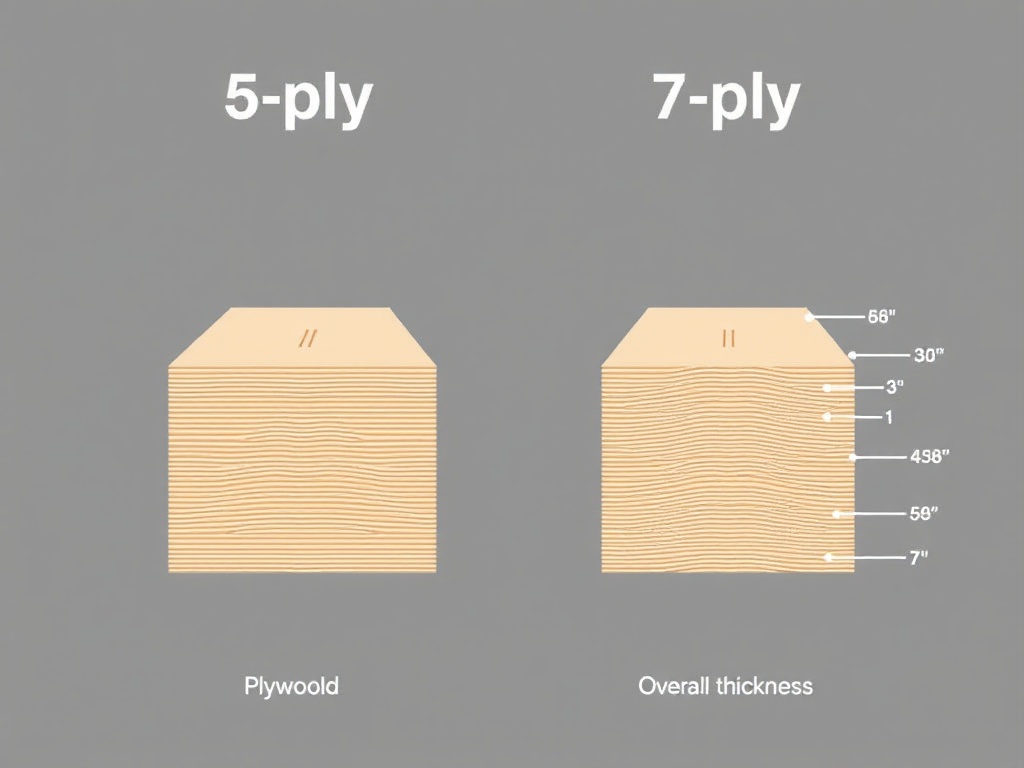 5겹 합판과 7겹 합판의 단면 두께와 층 구조를 비교하여 보여주는 그래픽 이미지