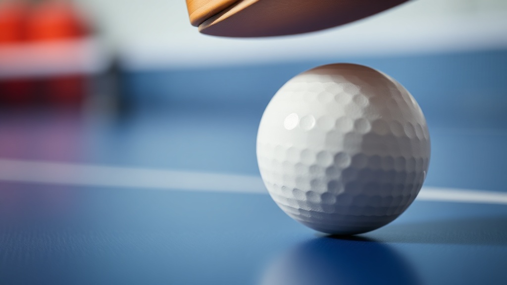 탁구공이 라켓 표면에 닿아 변형되며 회전력을 얻는 임팩트 순간의 근접 촬영 이미지